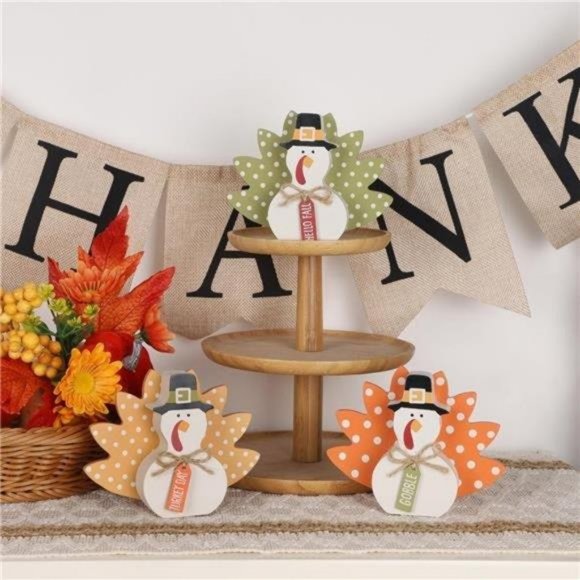 Thanksgiving Fall Decorations, Set of 3 Tabletop Turkey Decor Wood Table Sign - Picture 1 of 7